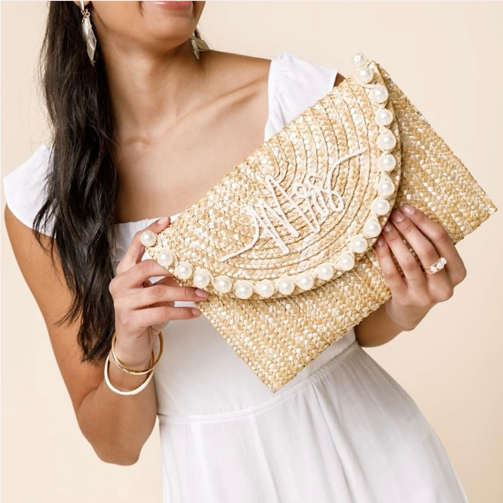Mrs Embroidered Straw Pearl Clutch